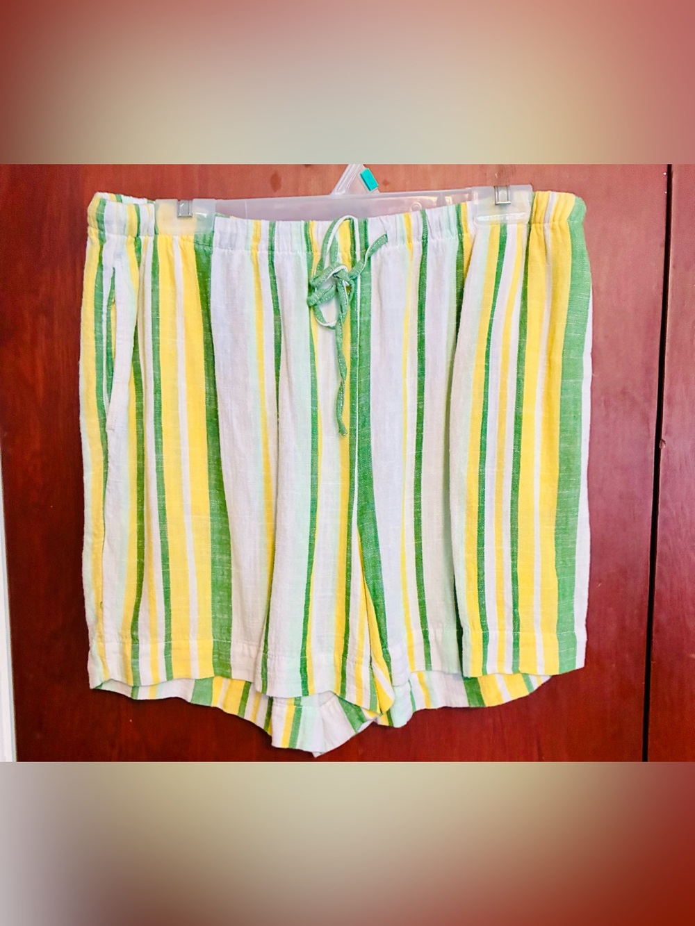 Wonderly Yellow, Green & White Striped Flat Front Shorts